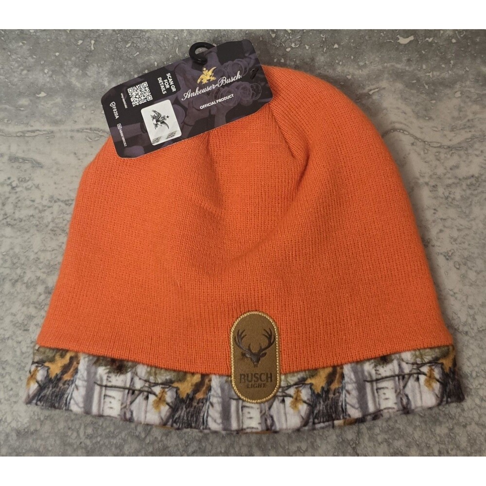 Busch Light Blaze Orange Beanie Camo Trim and Leather Logo Patch